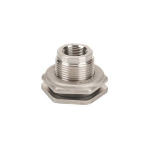 Stainless steel bulkhead fitting with a threaded center, hexagonal base, and flat flange for secure mounting.