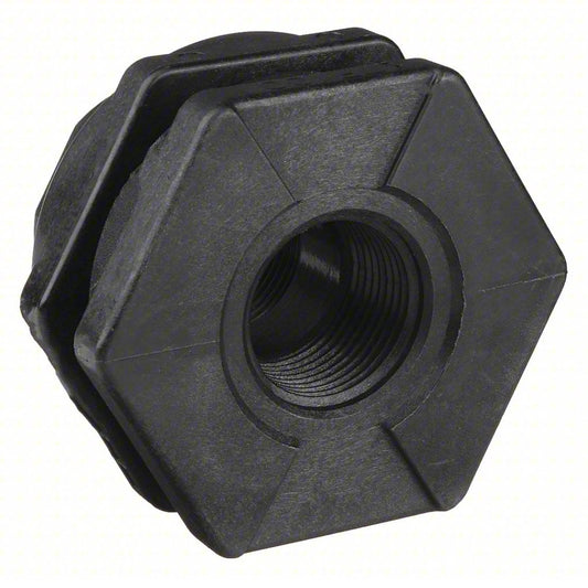 Black plastic TF150 bulkhead fitting with a hexagonal flange and internal threaded center hole.