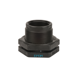 Black TF300 threaded bulkhead fitting with EPDM seal, featuring a durable plastic construction and hexagonal base.
