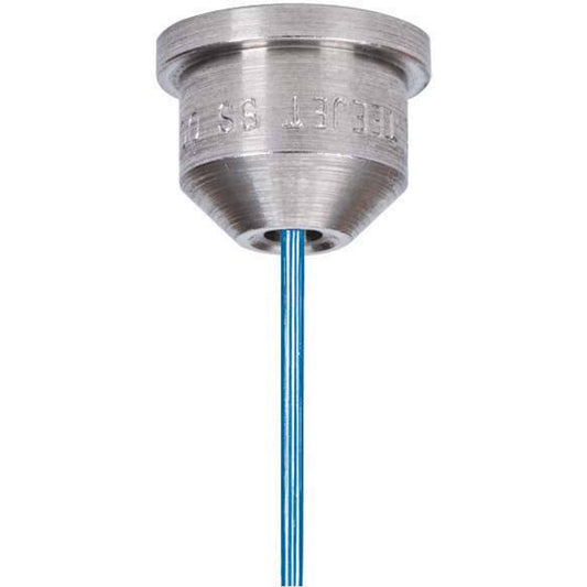 Stainless steel TP0008-SS spray nozzle with a precision-engineered tip emitting a focused blue stream.