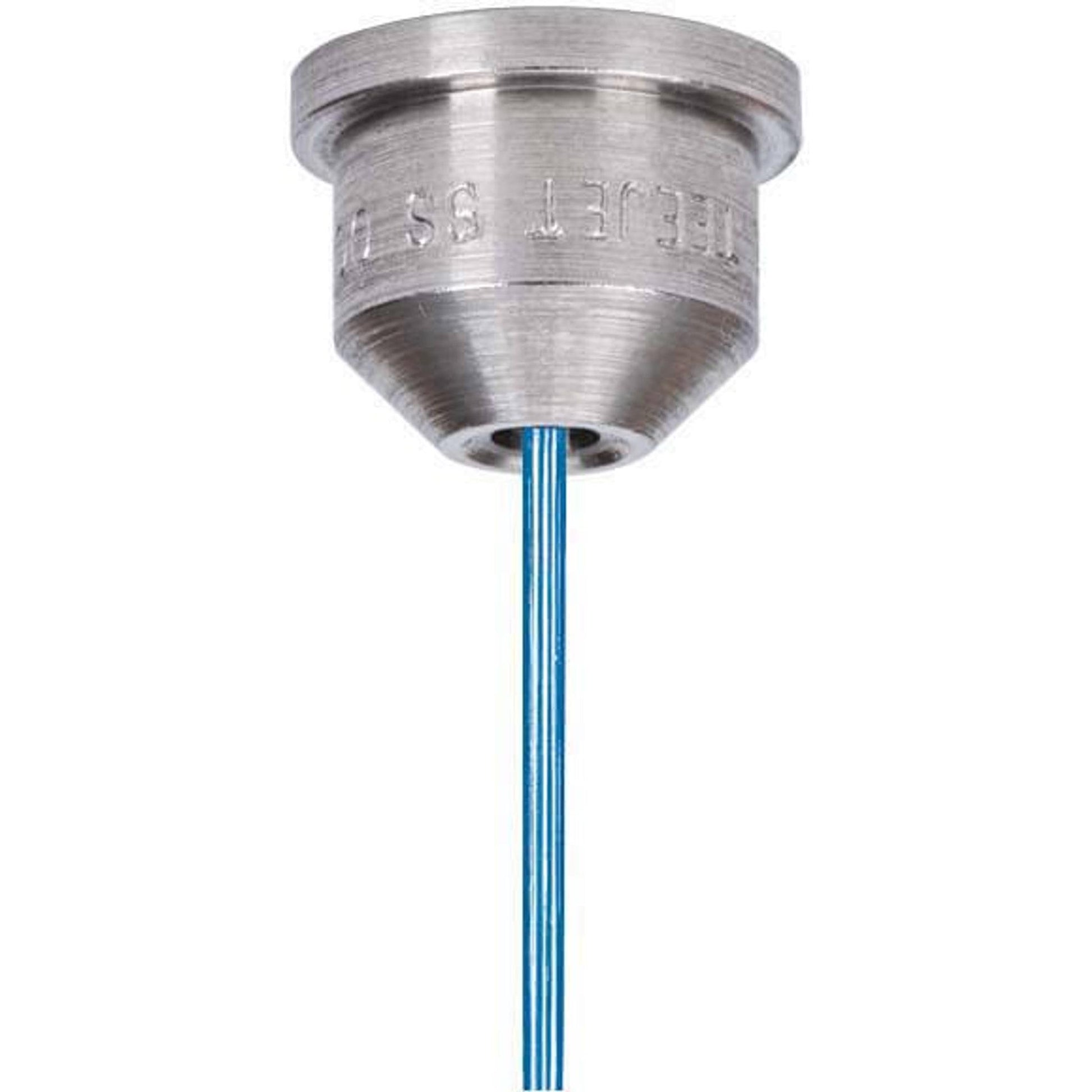 Stainless steel TeeJet TP0015-SS spray nozzle tip with a single blue stream outlet for precise liquid application.
