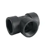 Black plastic T-shaped pipe fitting with three threaded ports for plumbing connections.