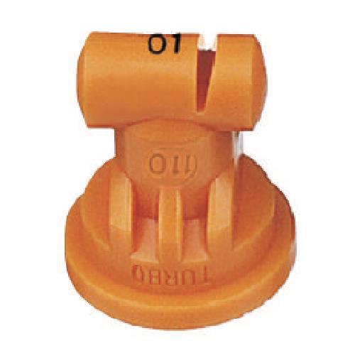 Orange plastic TT11001-VP Turbo flat fan spray nozzle with 110-degree spray angle and 01 capacity rating.