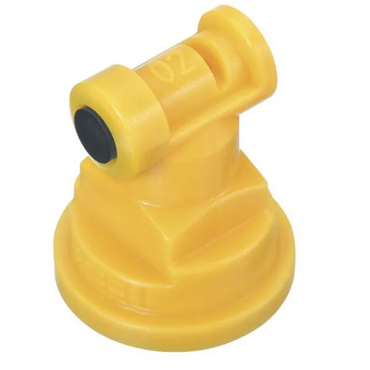 Yellow TT11002-VP plastic spray nozzle with a 02 marking and black tip for agricultural equipment.