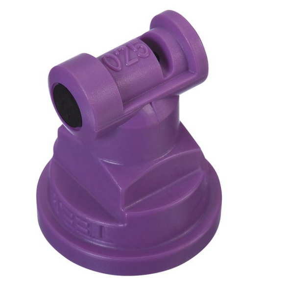 Purple plastic agricultural spray nozzle with 025 flow rate marking and a black ceramic insert tip.