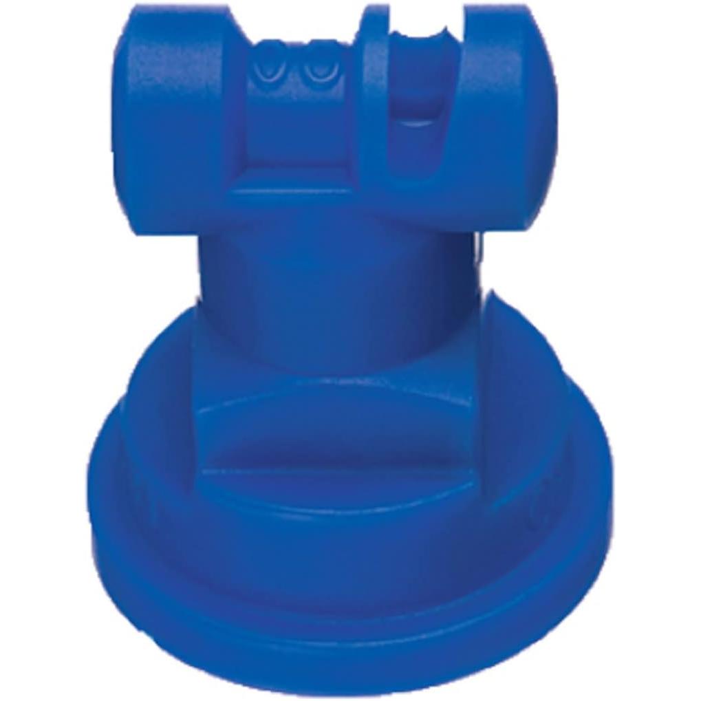 Blue plastic TT11003-VP flat fan spray nozzle with a precision-engineered tip for agricultural spraying applications.