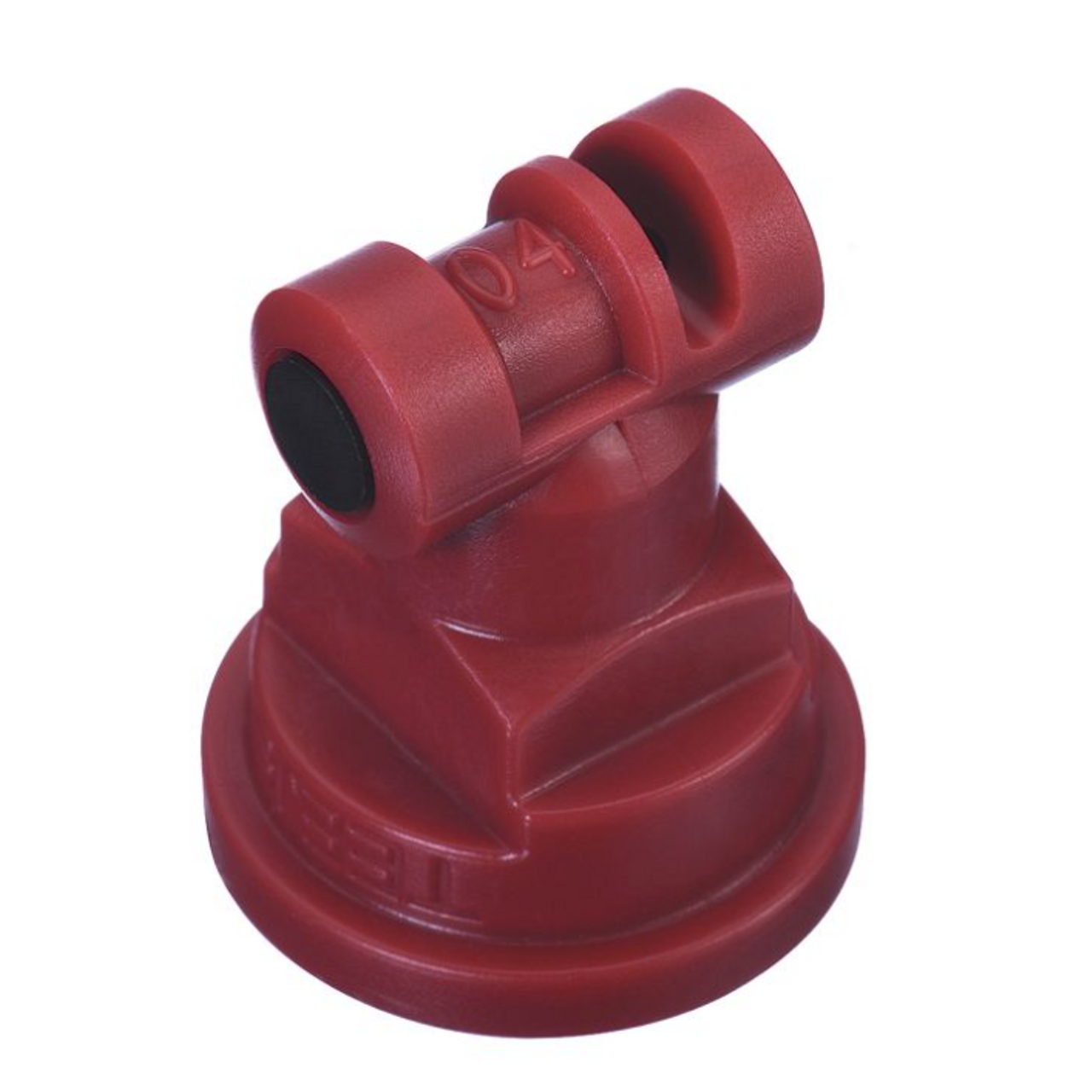Red plastic TT11004-VP-CE spray nozzle with a 04 tip size and durable threaded base for agricultural equipment.