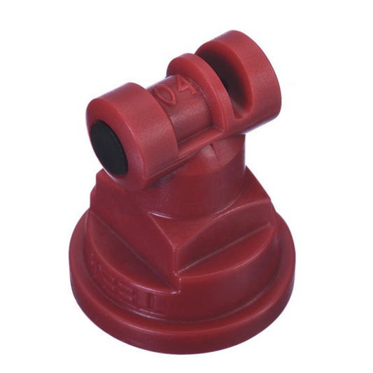 Red plastic TT11004-VP-CE spray nozzle with a 04 tip size and durable threaded base for agricultural equipment.
