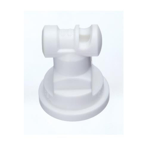 White plastic TT11008-VP-CE spray nozzle tip with a circular base and specialized grooved head design.