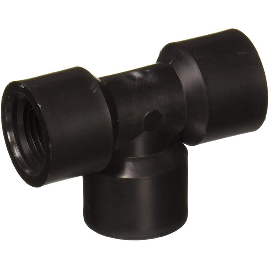 Black plastic T-shaped pipe fitting with threaded female connections for plumbing and irrigation systems.