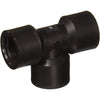 Black plastic T-shaped pipe fitting with threaded female connections for plumbing and irrigation systems.