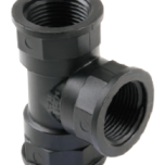 Black plastic T-shaped pipe fitting with threaded female ports for plumbing connections.