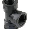 Black plastic T-shaped pipe fitting with threaded female ports for plumbing connections.