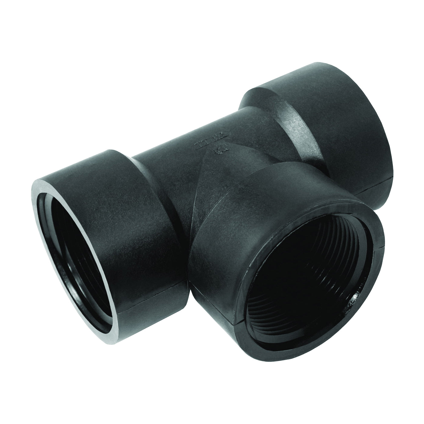 Black plastic T-shaped pipe fitting with three threaded female ports for plumbing connections.