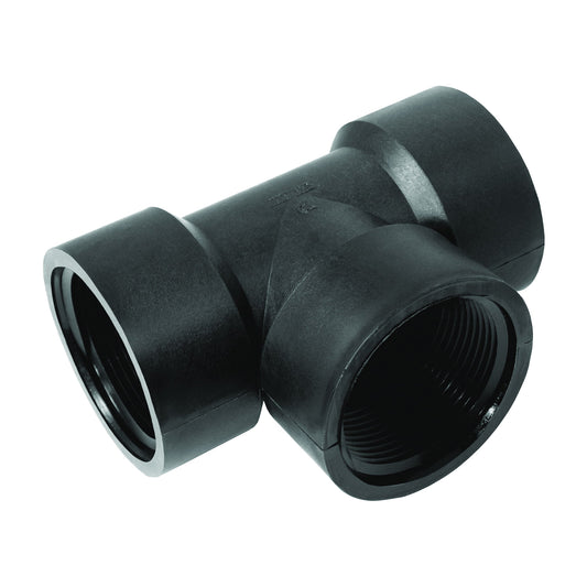 Black plastic T-shaped pipe fitting with three threaded female ports for plumbing connections.
