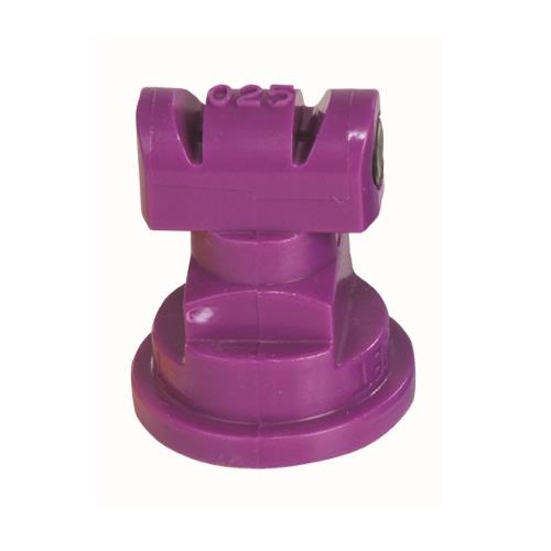 Purple plastic agricultural spray nozzle with 025 flow rate marking and a wide, flat fan tip design.