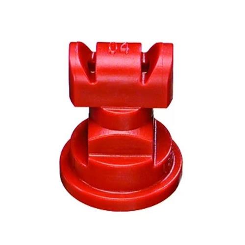 Red plastic agricultural spray nozzle with a flat fan tip and 04 size marking on a white background.