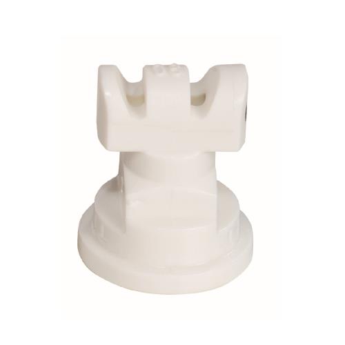 White plastic TTJ60-11008VP-CE agricultural spray nozzle tip with a wide, flat fan design for precision spraying.