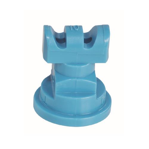 Blue plastic agricultural spray nozzle with a 110-degree fan tip and marked 10 size for precision crop application.