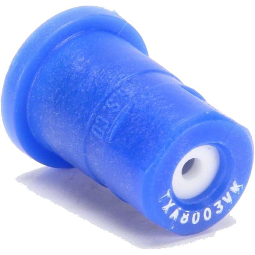 Blue TXA8003VK plastic nozzle with a white center insert and embossed text on a cylindrical body.