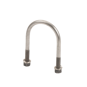 Silver metal U-bolt fastener with threaded ends, washers, and hex nuts against a white background.