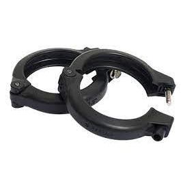 Two black circular plastic pipe clamps with metal hinge pins and locking bolts for secure mounting.
