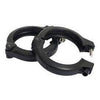 Two black circular plastic pipe clamps with metal hinge pins and locking bolts.