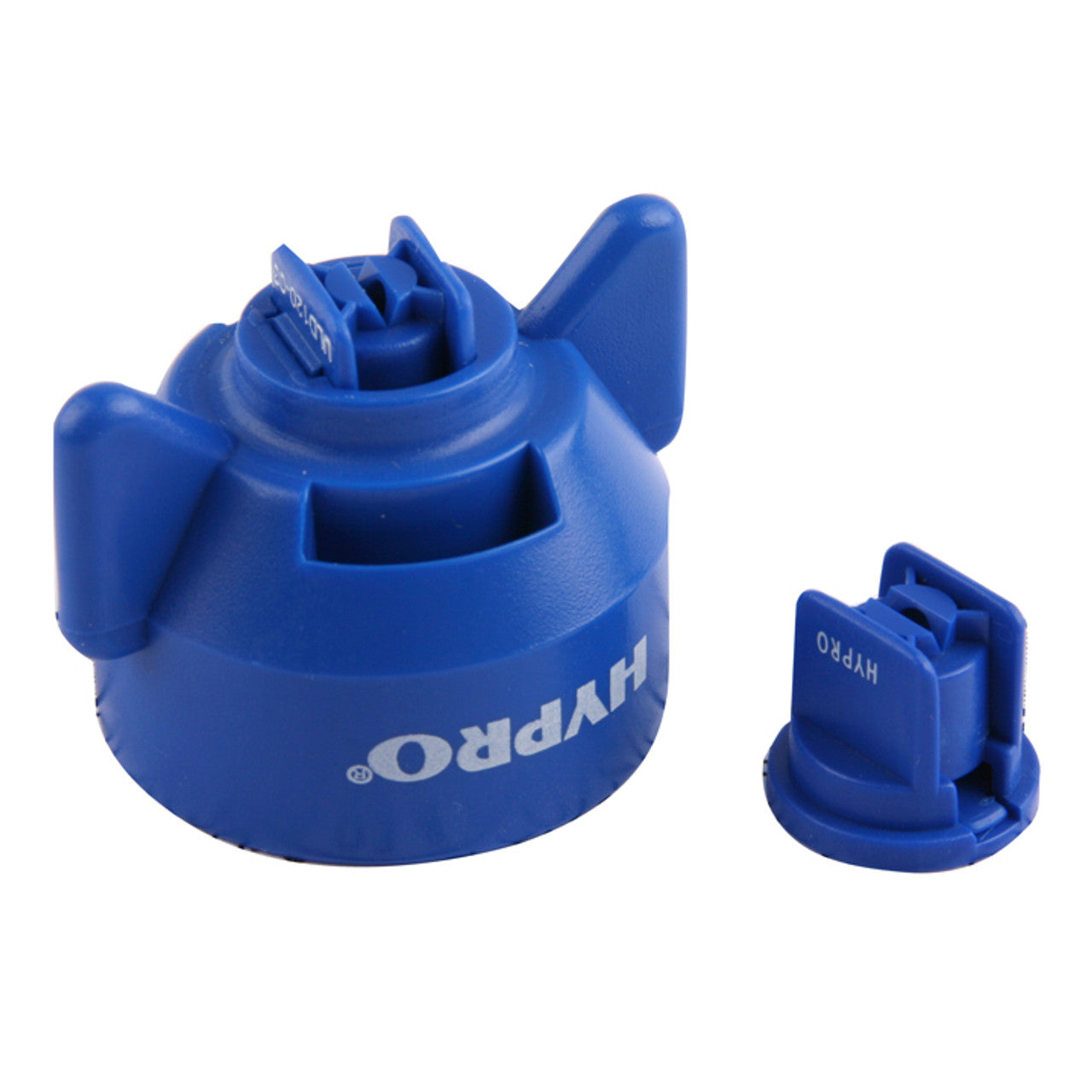 Blue Hypro ULD120-03 spray nozzle cap and insert made of durable plastic for agricultural spraying equipment.