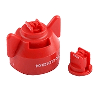 Red ULD120-04 agricultural spray nozzle cap and insert made of durable plastic for precision crop spraying.