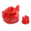 Red ULD120-04 agricultural spray nozzle cap and insert made of durable plastic for precision crop spraying.