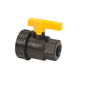 Black plastic ball valve with a bright yellow lever handle, featuring threaded ends for secure plumbing connections.