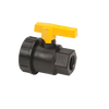 Black plastic ball valve with a bright yellow lever handle, featuring threaded ends for secure plumbing connections.