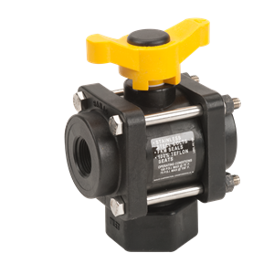 V075BL black plastic ball valve with a yellow handle, stainless steel bolts, and FKM seals for industrial flow control.