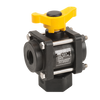 V075BL black plastic ball valve with a yellow handle, stainless steel bolts, and FKM seals for industrial flow control.