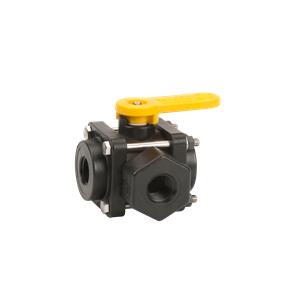 Black plastic three-way ball valve with a yellow manual lever handle and stainless steel bolt assembly.