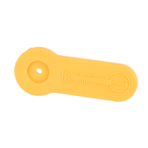 Yellow Banjo polypropylene ball valve replacement handle with a circular mounting hole and embossed branding.