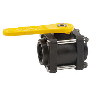 V150 black plastic ball valve with a bright yellow lever handle and stainless steel bolt assembly.