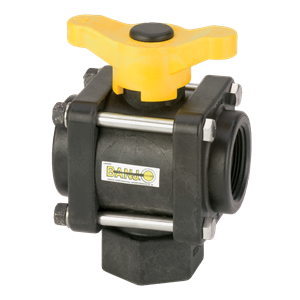 Banjo V150BL black polypropylene ball valve with a yellow T-handle and stainless steel bolts.