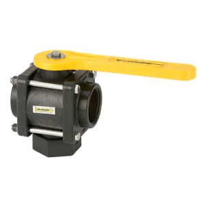 Banjo V200BL black polypropylene ball valve with a bright yellow handle and stainless steel hardware.