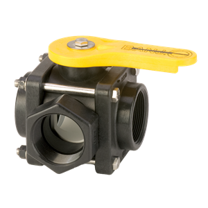 V200SL black polypropylene 2-inch full port ball valve with a bright yellow Banjo handle and stainless steel hardware.
