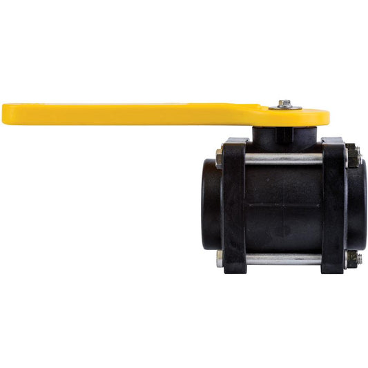 Black plastic ball valve with a bright yellow lever handle and metal bolt fasteners, isolated on a white background.