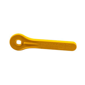 Yellow Banjo V25153 plastic wrench tool with a hexagonal opening and embossed branding on a white background.