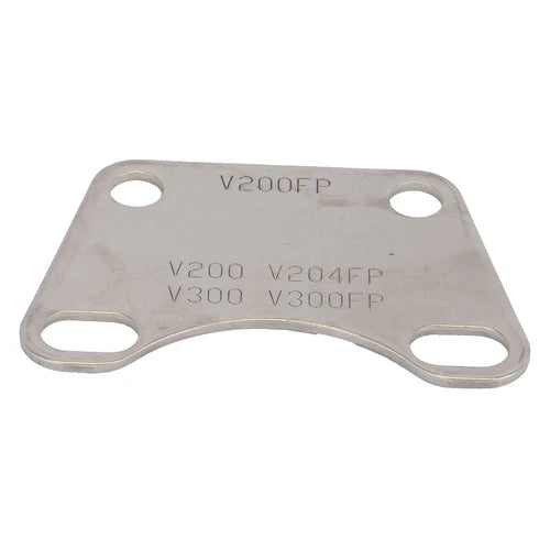 V25270 (G) stainless steel mounting plate with four bolt holes and engraved model numbers V200FP, V200, V204FP, V300, V300FP.