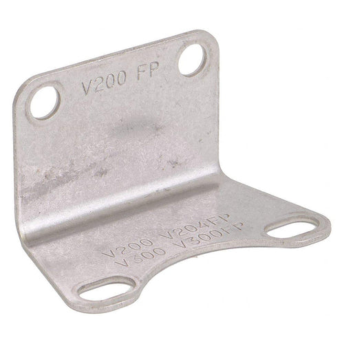 L-shaped silver metal mounting bracket with stamped model numbers and four pre-drilled screw holes.