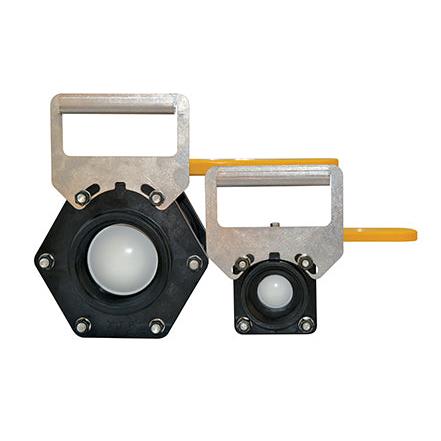 Two industrial black butterfly valves with silver metal handles and yellow levers on a white background.