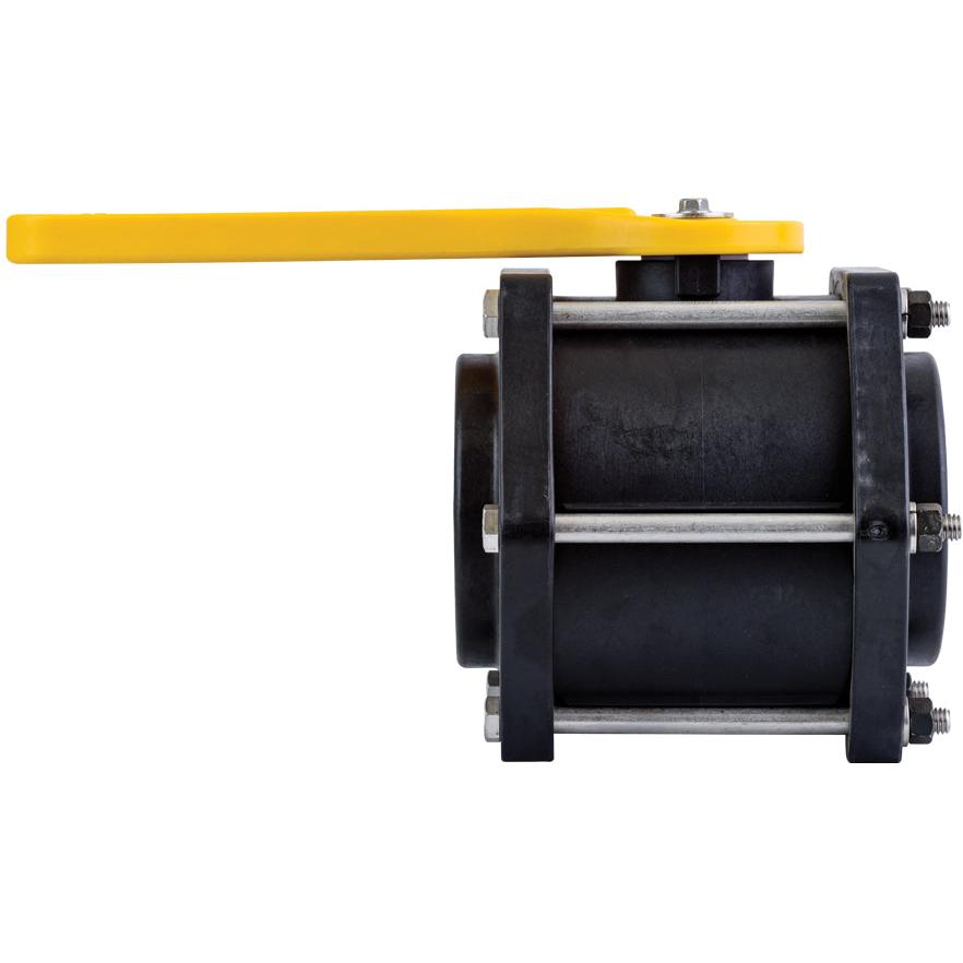 V300FPY black plastic industrial ball valve with a bright yellow handle and stainless steel bolt assembly.