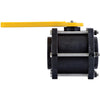 V300FPY black plastic industrial ball valve with a bright yellow handle and stainless steel bolt assembly.
