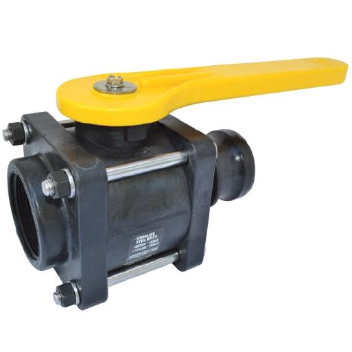 VF204FPY black polypropylene ball valve with a bright yellow handle and stainless steel bolts for industrial plumbing.