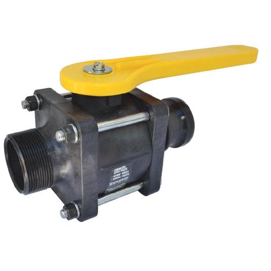 Black plastic ball valve with a bright yellow lever handle and stainless steel bolts for industrial plumbing systems.
