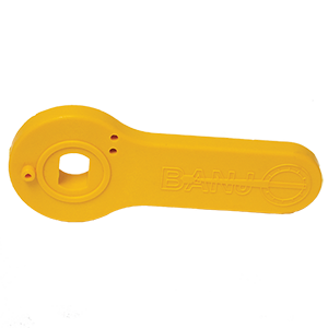 Yellow plastic Banjo valve handle with a square center mount and embossed logo on a white background.